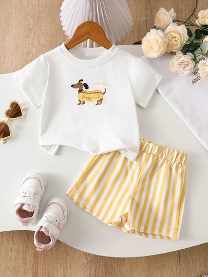SHEIN 2件套女婴幼儿/新生儿0-3岁休闲日常腊肠犬图案圆领T恤+粉色条纹短裤套装，春夏款