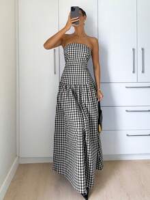 Siren Gaze Damklänning med rutig midja och elegant lång passform, lämplig för fester och evenemang på sommaren - Brun - Visa 1