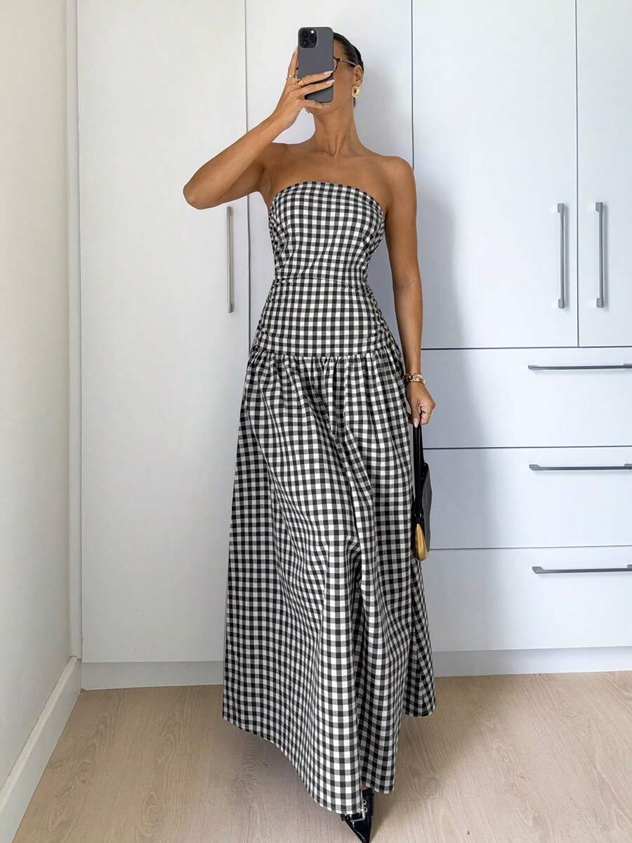 Siren Gaze Damklänning med rutig midja och elegant lång passform, lämplig för fester och evenemang på sommaren - Brun - Visa 1