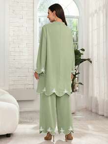 Lacomfia Women's V-Neck Embroidered Loose 2 Pieces Set, Spring/Summer Clothes For Ladies Blouse And Pants Set Formal For Women - Green - View 2