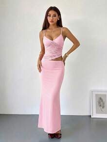 SHEIN PETITE 女款蕾絲拼接鏤空優雅超長內搭洋裝，適合夏季性感粉色洋裝，適合嬌小女性 - 粉色 - 查看 4