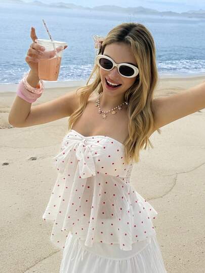 MainGRL 红色波点A字蝴蝶结白色抹胸上衣，青春活力度假风，春夏款