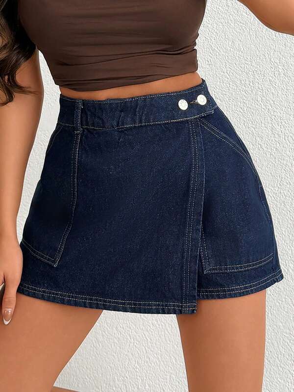 SHEIN Minifalda pantalón de mezclilla con detalle de cinturón azul oscuro para mujer