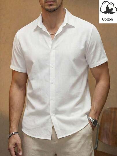 HIMLAND Áo sơ mi nam tay ngắn màu trơn, kiểu dáng thường ngày, thích hợp cho mùa hè.