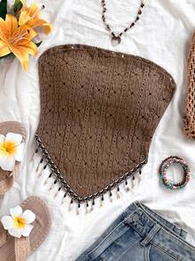 Soleia 女士度假针织抹胸上衣，印花拼接，饰以串珠链，适合派对、圣诞节、约会、夜店、海滩、邮轮、下午茶、波西米亚风、度假、秋季等场合。 - 棕色 - 查看 3