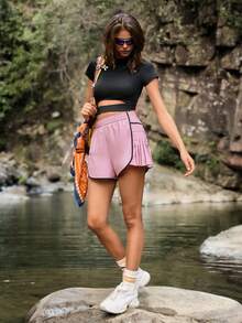 Medorelle Áo thun nữ tay ngắn dáng lửng màu trơn RUN HIKE, áo crop top tay ngắn cổ cao màu đen cho kỳ nghỉ hè, áo thể thao tay ngắn cổ cao với chi tiết khoét eo, thích hợp cho mùa xuân, hè, đi chơi. - màu đen - Xem 5