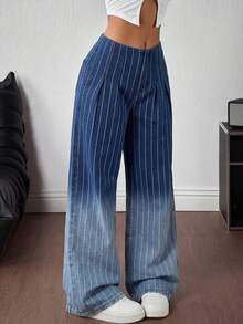 SHEIN ICON 女士条纹口袋休闲百搭日常阔腿牛仔裤 - 深色水洗藍 - 查看 5