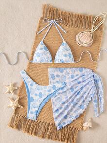 Swim Mod 泳装MOD三件套，春夏度假海洋随机印花金色贝壳配饰挂脖三角比基尼上衣、高腰泳裤和随机印花网纱纱笼裙性感女士泳装三件套女士沙滩装贝壳比基尼沙滩度假装女士两件套两件套沙滩装两件套女士度假装女士度假装套装女士沙滩装女士度假套装女士两件套女士沙滩装 - 藍白色 - 查看 2