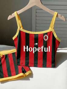 Comfortcana Bộ 2 món gồm áo hai dây croptop và quần short kẻ sọc phối màu mùa hè, thích hợp mặc đi cổ vũ câu lạc bộ bóng đá, làm đồ lưu niệm cho người hâm mộ, trang phục ngày thi đấu World Cup. - Nhiều màu - Xem 4