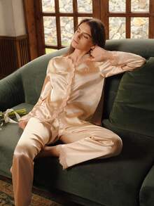Guipure Lace Trim Satin Pajama Set, Fall Winter Clothes - Champagne - View 8