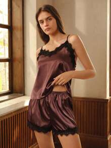 蕾丝边缎面吊带背心和短裤睡衣套装/睡衣套装 - 紫色 - 查看 5