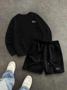 Manfinity Unisex Men's Crew Neck Graphic Long Sleeve Sweatshirt And Drawstring Waist Shorts 2-Piece Casual Set - Black - View 3
