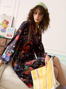 Young Zodiac Circus Innovative Pattern Contrast Red & Black Striped Women Robe - Multicolor - View 5