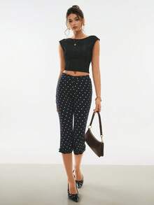 Poéselle Women's Polka Dot Pattern Casual Fashionable Capri Pants - Black - View 6
