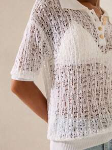 Lilora Casual White Knitwear Polo Sweater For Women Sheer Short Sleeve Regular Length Drop Shoulder Style - White - View 2
