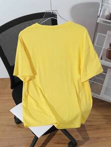 SHEIN EZwear 宽松休闲极简主义英文文字压纹图案圆领短袖T恤，黄色 - 黃色 - 查看 3
