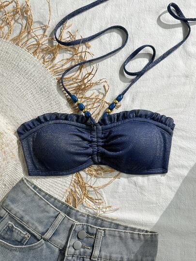 Swim Chiccia Bestselling Beach Vacation Casual Top, Made Of Special Fabric With Front & Back Drawstring, Wrinkled, Strapless, Beaded, Backstrap, Non-Slip Neckline