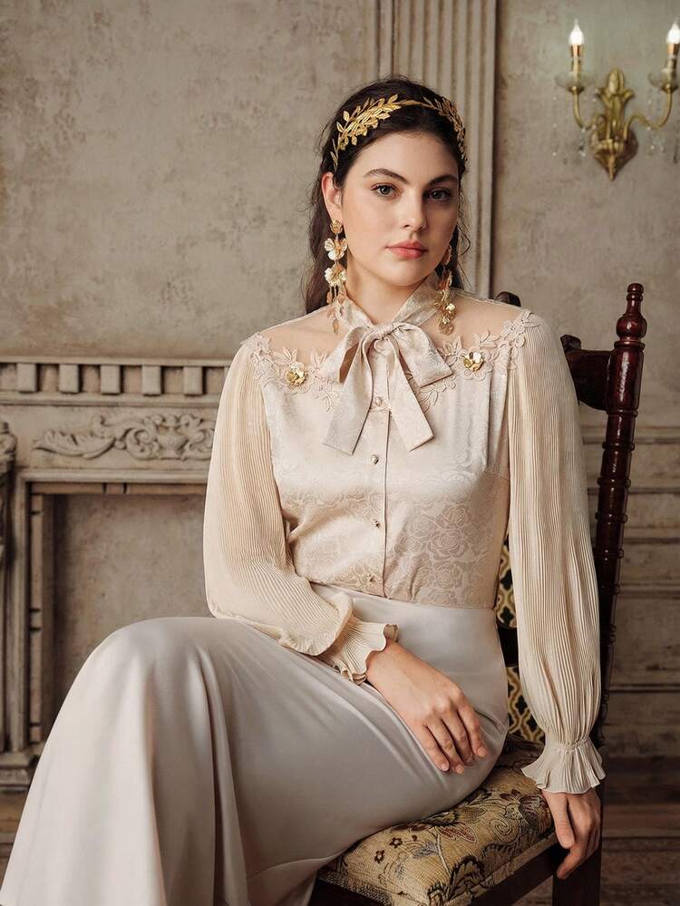 Plus Size Women's Elegant Pleated Sequin Lace Long Sleeve Blouse, Bow Tie Chiffon Shirt For Spring/Summer