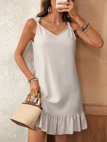 EMERY ROSE 纯色纹理肩带扭结荷叶边下摆连衣裙 - 卡其色 - 查看 8