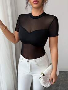 Elenzga Women's Black Fabric Splicing Black Mesh Fabric Design Sense High-End Elegant Elegant Slim Fit Sexy Outfit, Birthday Gift, Date, Party, Valentine's Day, Carnival Party, Bar, Music Festival, Highlight Perfect Body Curve, Student Style, Travel, Street Photography, Summer T-Shirt, Summer Top, Summer New Essential Fashion Niche Design Versatile Ladies Graceful Short Sleeve Blouse - Black - View 7