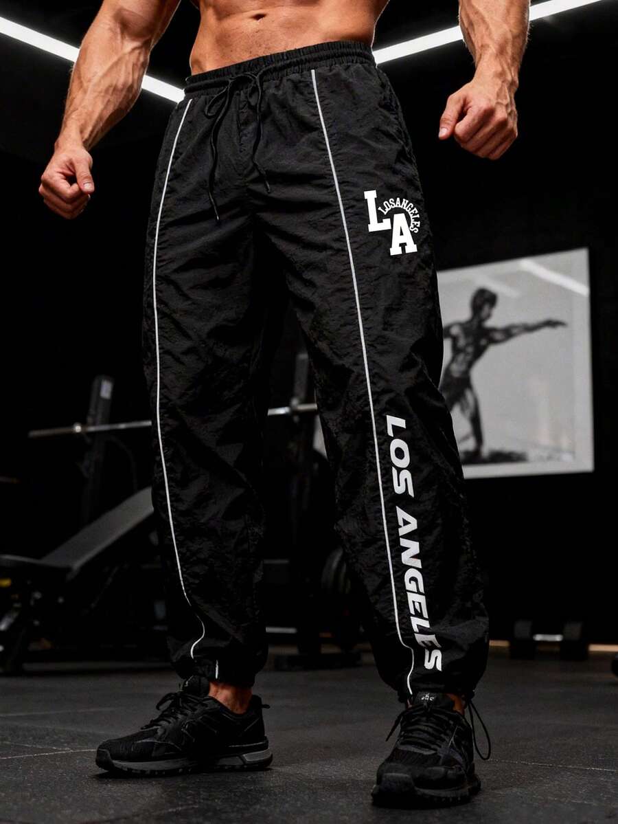 Acti Log Woven Contrast Trim Letter Print Drawstring Waist Sports Pants - Black - View 1