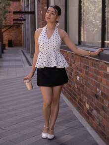 Andrea Bello 时尚性感圆点印花露背吊带上衣 - 白色 - 查看 5