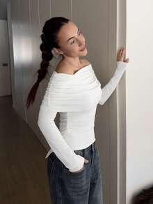 Abrilcols Camiseta ajustada con cuello cuadrado, hombros descubiertos, solapa grande y dobladillo con cordón, para primavera/otoño - Blanco - Ver 2