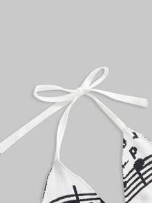 ROMWE Avant Women's Y2K Musical Note All-Over Print Deep V-Neck Knit Top - Black and White - View 3