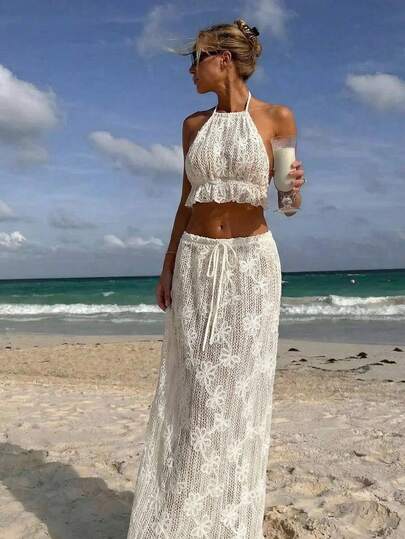 Aloruh 女士新款杏色两件套，包含无袖上衣和长裙，优雅性感的薄纱花卉提花图案，浪漫婚礼季服装，含罩衫，适合海滩度假穿着。