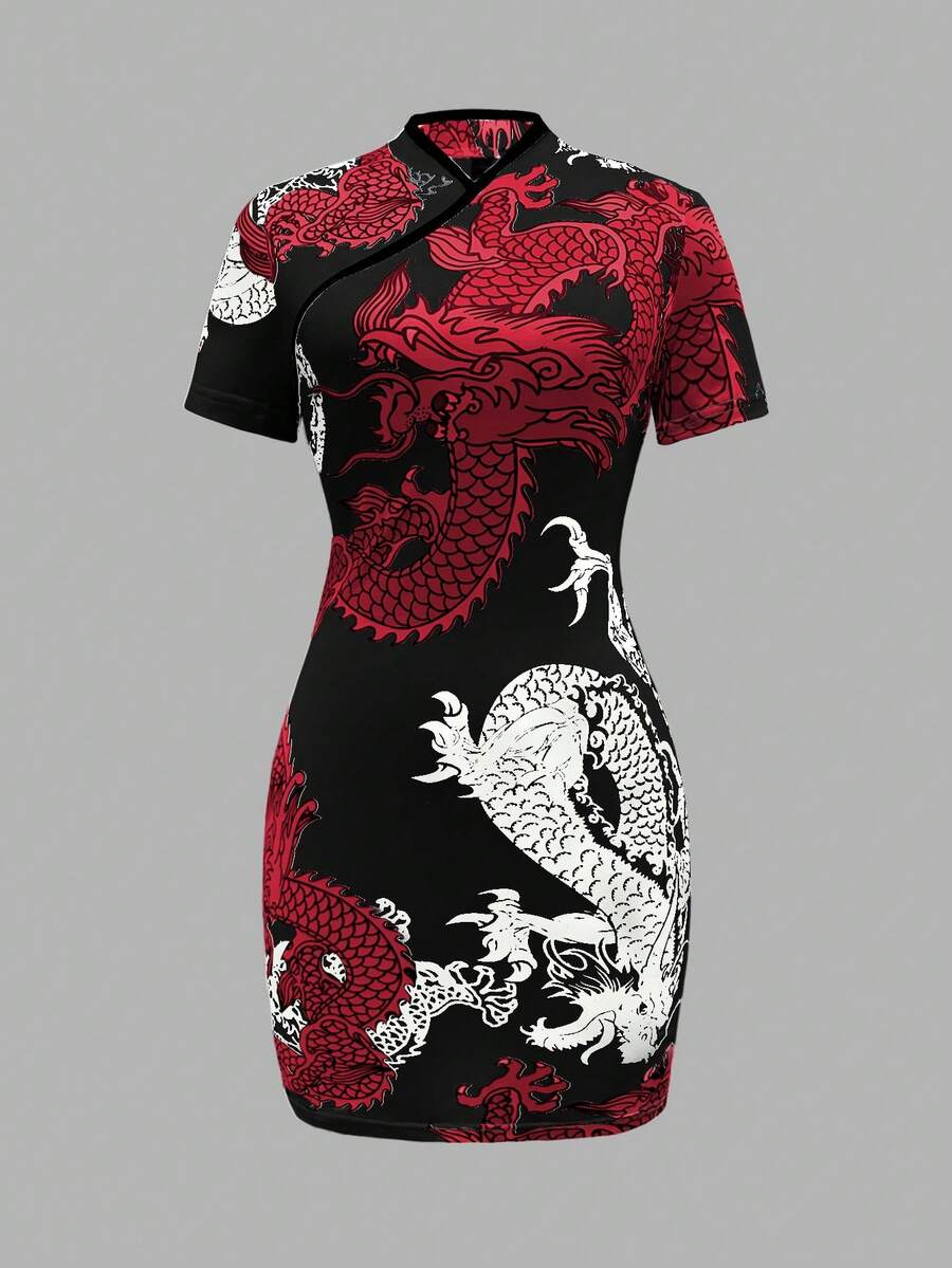 SHEIN LUNE 女士立领龙纹印花优雅收腰迷你派对连衣裙 - 彩色 - 查看 1