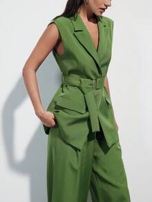 Aveloria Modichic Minimalist Versatile Commuting Chic Sleeveless Lapel Belt Blazer Jacket Paired With Wide Leg Suit Pants, Women's Suit Set - Green - View 3
