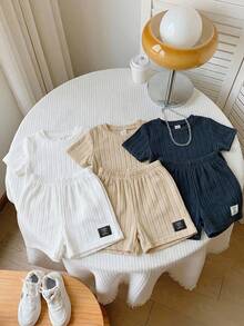 SHEIN 3 Sets Baby Boy Casual Solid Color Round Neck Short Sleeve T-Shirt And Elastic Waist Shorts,Navy And White,Summer,Casual,Family Matching Outfit Set - Multicolor - View 3