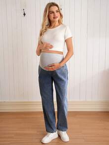 SHEIN Maternity Casual Straight Leg Jeans - Medium Wash - View 7