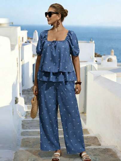 Linhara CURVE 大码刺绣树叶休闲短袖叠穿上衣和裤子女装两件套