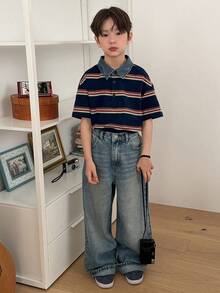 DAZY 男童条纹 Polo 领短袖休闲 T 恤 - 寶藍色 - 查看 1