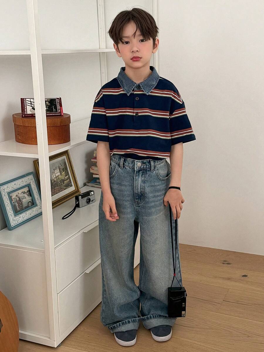 DAZY 男童条纹 Polo 领短袖休闲 T 恤 - 寶藍色 - 查看 1