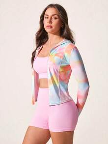 SHEIN Sovereign Charm 女士扎染拉链休闲百搭日常长袖运动夹克 - 彩色 - 查看 3