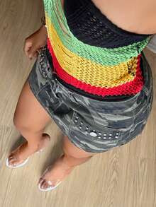 StreetHx 时尚休闲街头风贴袋铆钉迷彩低腰牛仔迷你裙 - 軍綠色 - 查看 2