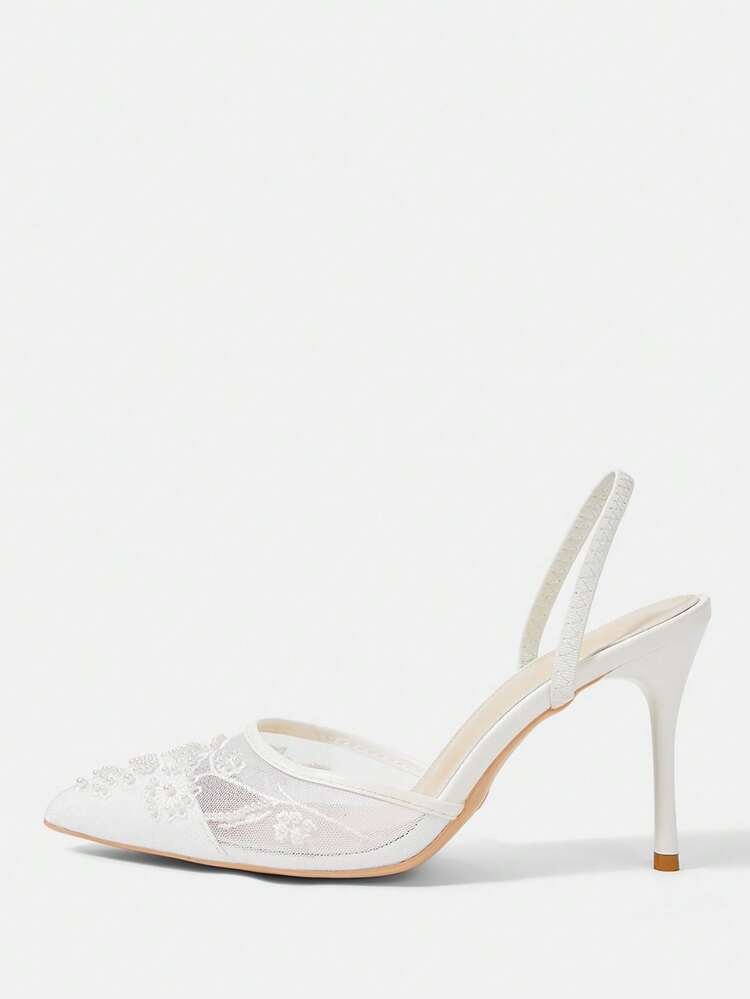 CUCCOO HITCHD Women Shoes Summer Summer Elegant Faux Pearl Embroidery Pointed Stiletto Shallow Mesh 9cm Women's High Heel Shoes Daily Dating Party Wedding Summer Shoes Wedding Shoes Bride Shoes