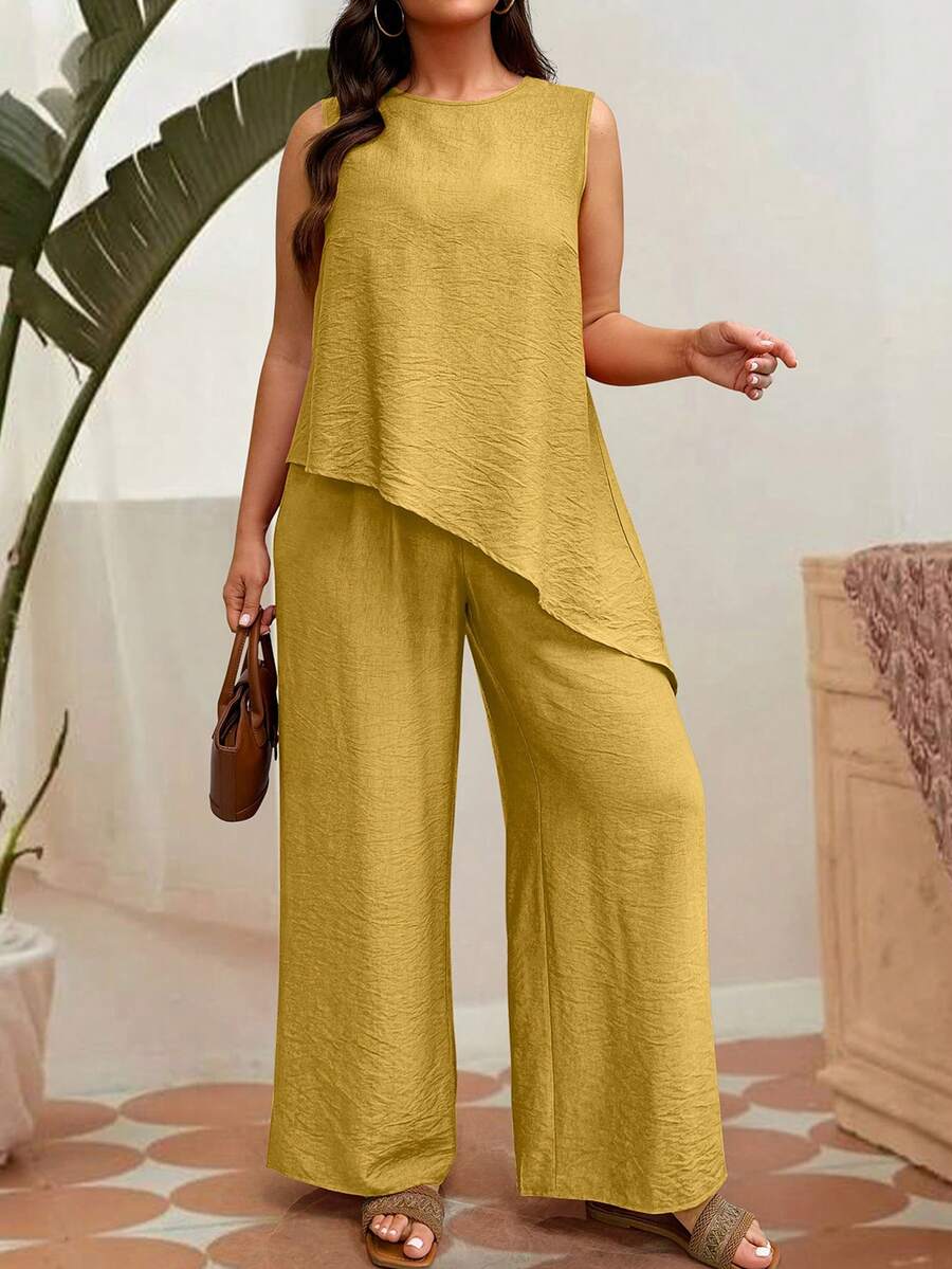 SHEIN LUNE Plus Size Casual Sleeveless 2 Pieces Set - Yellow - View 1