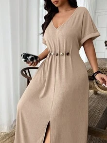 Weeklong Plus Size Women's Beaded Decor A-Line V-Neck Casual Dress, Spring/Summer - Apricot - View 6