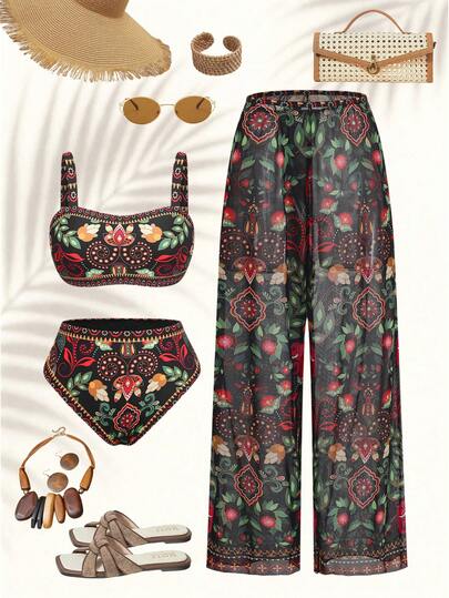 Swim Oasis Plus Size Women Summer Beach Floral Print Casual Bikini Set With Wide Leg Pants