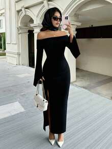 Elenzga Slit Off-Shoulder Long Sleeve Fitted Elegant Party Dress For Women, Autumn/Winter - Black - View 1