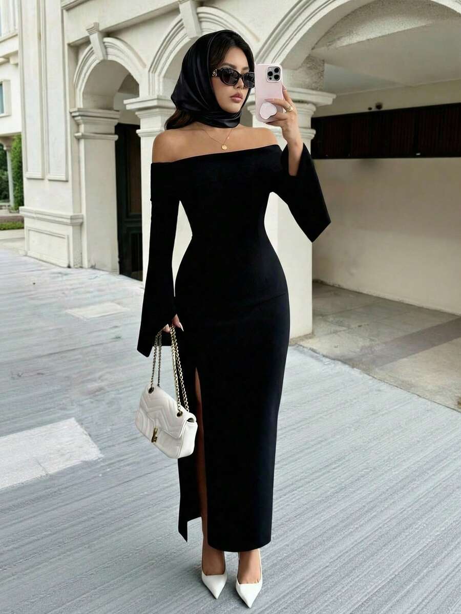 Elenzga Slit Off-Shoulder Long Sleeve Fitted Elegant Party Dress For Women, Autumn/Winter - Black - View 1