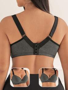 DesireSculpt Plus Size Women Textured Letter Decor Underwire Bra - Dark Grey - View 2