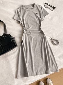 1pc Big Girls' Fresh & Sweet Long Dress, Youthful & Soft Vibe, Straight Casual Design, Non-Fuzzy Structure, Suitable For Spring/Summer Outings And Gatherings - Grey - View 3