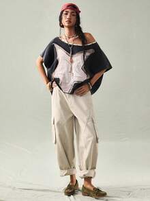 SoleilVie 女士斜肩五角星铆钉设计水洗复古休闲T恤 女士纯棉上衣 女士短袖上衣 女士上衣和衬衫 女士休闲现代夏季上衣 - 黑色 - 查看 3