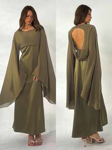 Aloruh Women's Glamorous Elegant Olive Green Autumn Party Night Chiffon Batwing Sleeve Satin Bias Skirt Maxi Dress - Khaki - View 2