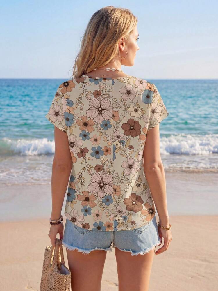 Women's Casual Retro Floral Pattern Round Neck Shirt, Suitable For Summer Suitable For Going Out Chic Blouses For Women,Casual