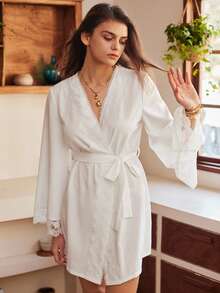 宽松休闲睡袍，适合度假和居家穿着，白色浪漫女士睡衣 - 白色 - 查看 4